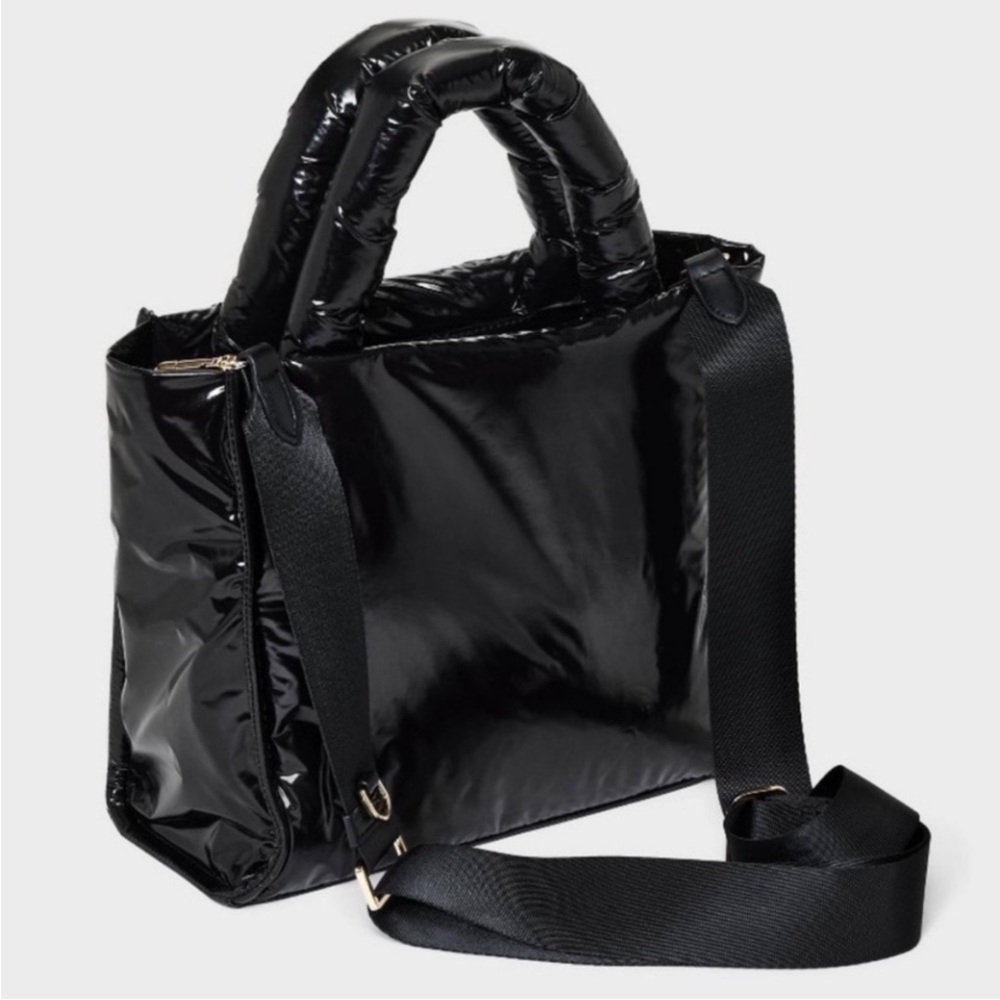 a new day Black Shiny Puffer Tote with Removable Strap